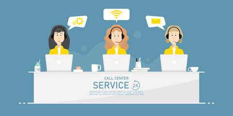 Cartoon call center women design, 24 hour customer service, Digital marketing illustration.