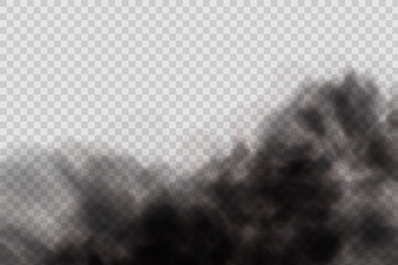 Dust black cloud with particles with dirt,cigarette smoke, smog, soil and sand particles. Realistic vector isolated on transparent background. Concept house cleaning, air pollution,big explosion.
