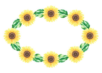 Sunflowers oval wreath. Watercolor vintage illustration. Isolated on a white background. For design.