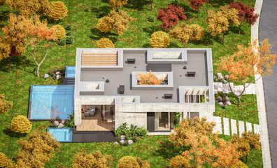 Fototapeta na wymiar 3d rendering of new concrete house in modern style with pool and parking for sale or rent and beautiful landscaping on background. The house has only one floor Clear sunny autumn day with golden leavs