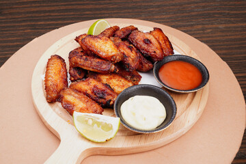 Grilled chicken wings on a wooden cutting board