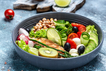 Buddha bowl dish with chicken fillet, avocado, asparagus, chickpeas, broccoli, radish, chicken, cucumber, tomatoes, olives, mozzarella. Detox and healthy superfoods concept, top view