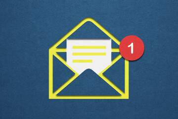 incoming email notification concept for business e-mail communication and digital marketing. Inbox receiving electronic message alert. Abstract minimalist design with  paper cut  and blue background