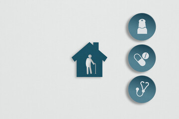 elderly nursing care concept, house blue paper cut with elderly person icon inside and health icon on grunge grey background including copy space
