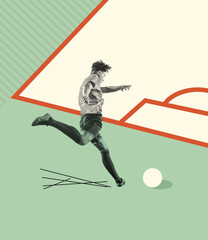 Contemporary art collage. Creative design with sportive young man, football player in motion, kicking ball. Scoring winning goal
