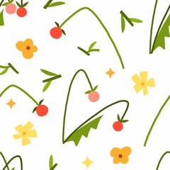 Hand drawn vector abstract graphic clipart illustrations seamless pattern of composition with abstract boho shapes of blossom flower,leaves and chamomile.Modern magic nature design.Botanical garden.