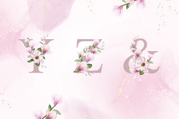 Watercolor floral alphabet set of y, z, and with hand drawn Flower and Leaves