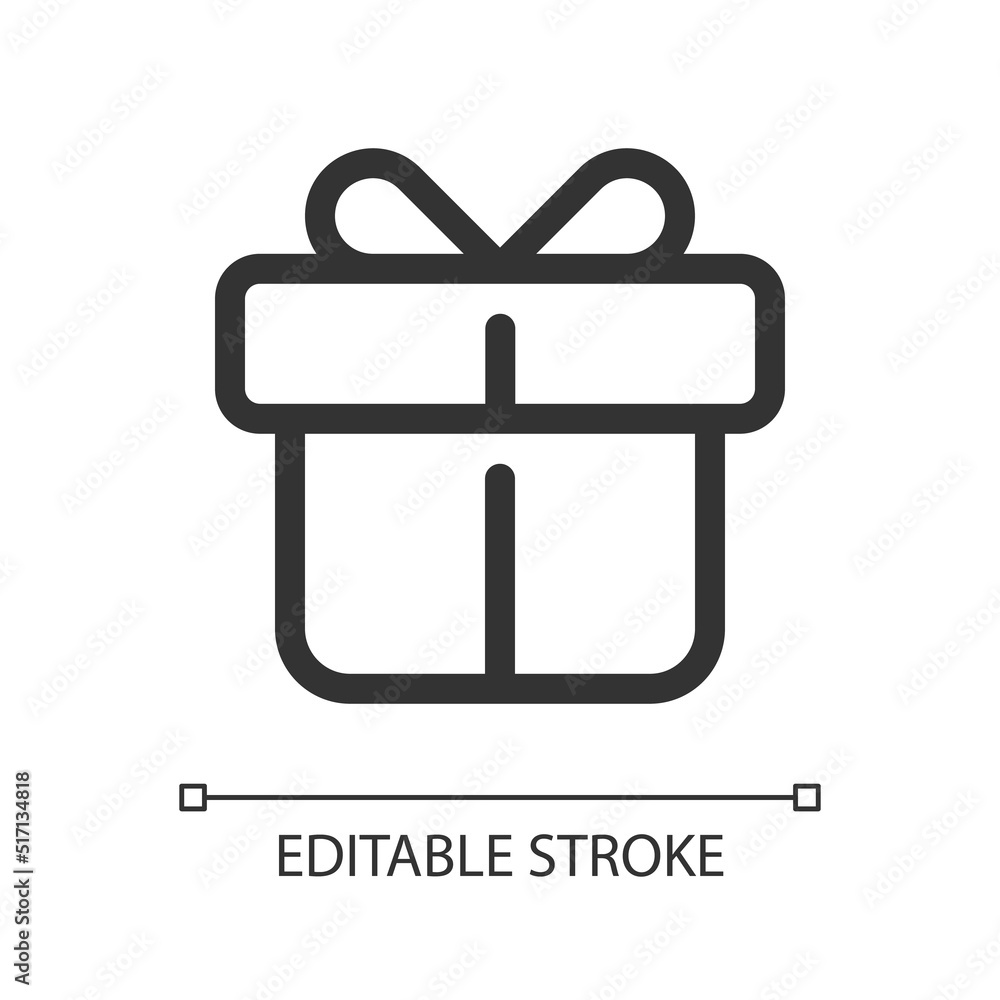 Poster gift pixel perfect linear ui icon. birthday and christmas present. box with ribbon and bow. gui, ux 