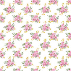 Fototapeta premium Pink rose bouquet seamless pattern. Botanical watercolor illustration.