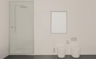 Fototapeta na wymiar Mockup. Empty paintings. Modern bathroom including bath and sink. 3D rendering.