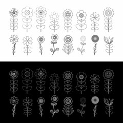Set of outline flowers on black background and white background Flower icon Vector illustration