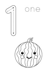 Flashcard number 1. Preschool worksheet. Black and white fruits.