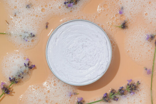 Gently lavender moisturizing whipped soap. Natural organic cosmetic. Skin, body and hair care product.