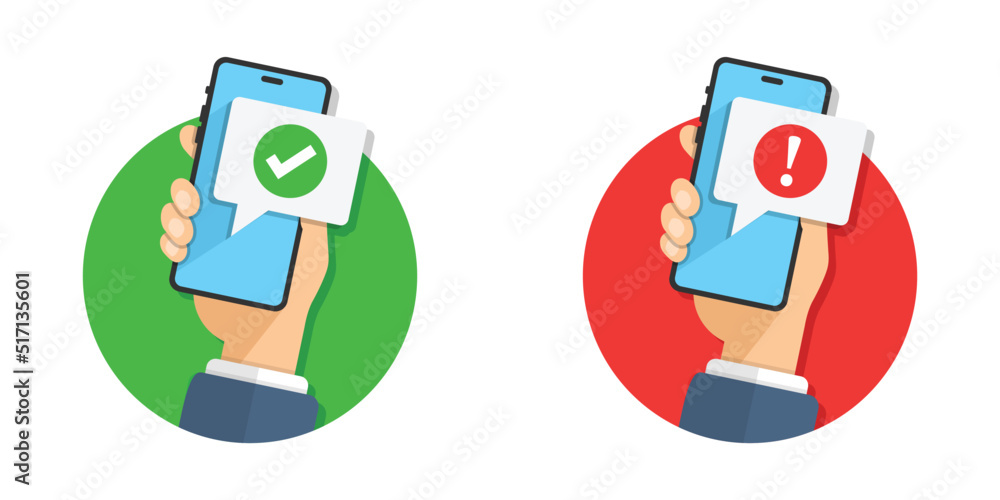 Poster phone notifications icon in flat style. smartphone with exclamation point in hand vector illustratio