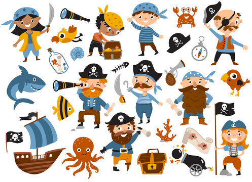 Cute pirate set with ship, shark, crab, octopus, treasure, fish and parrot.Perfect for scrapbooking, greeting card, party invitation, poster, tag, sticker kit. Hand drawn vector illustration