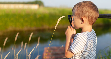 A boy explores nature with a magnifying glass. A small child looks at the reeds by the water with a...