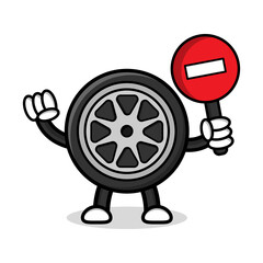 Illustration of tire cartoon character with traffic sign.