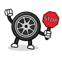 Illustration of tire cartoon character with traffic sign.
