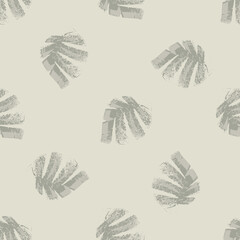Mono print style scattered leaves seamless vector pattern background. Textured cut out grunge foliage on beige backdrop. Hand crafted painterly design. Neutral ecru all over print for packaging