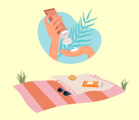 Hands with sun cream. Sunblock, skin protection, skin care products. The importance of using SPF. Sunscreen vector illustration.