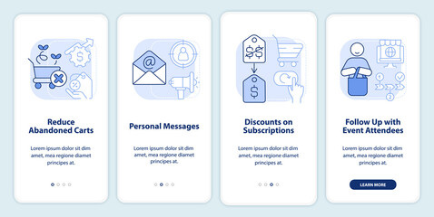 Strategy of discount light blue onboarding mobile app screen. Business walkthrough 4 steps editable graphic instructions with linear concepts. UI, UX, GUI template. Myriad Pro-Bold, Regular fonts used
