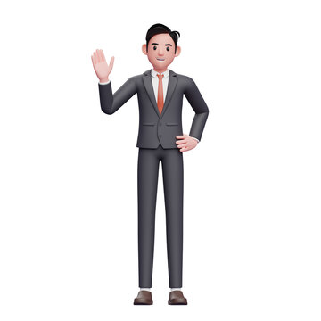 businessman in formal suit waving hand, 3D render cheerful businessman character illustration