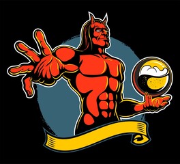 Cartoon, comic book style devil who brews beer in magic ball. Beer label concept.