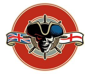 Human skull, old ship captain with hat, british flag and ship wheel on background. Vector sailors logo concept.