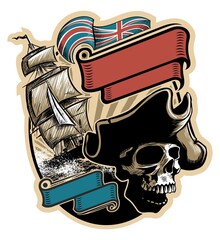 Human skull, old ship captain with hat, british flag, ship wheel and old sailboat on background. Vector sailors logo concept.