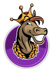 Cartoon style horse with the golden wreath and crown, isolated on white background