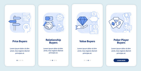 Dealing with customers light blue onboarding mobile app screen. Walkthrough 4 steps editable graphic instructions with linear concepts. UI, UX, GUI template. Myriad Pro-Bold, Regular fonts used