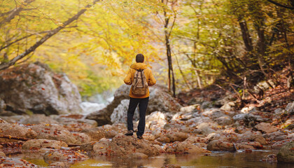 Travel and road trip concept at autumn. Adventure and active lifestyle in nature. Tourist hiking in forest. Caucasian man in yellow jacket walks in woods. - obrazy, fototapety, plakaty