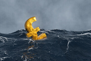 Golden pound sign floating in the fierce ocean. Illustration of the concept of financial fluctuation of British currency. - obrazy, fototapety, plakaty