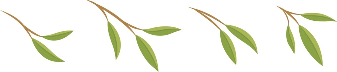 Set of green leaves and branches or bamboo leaves, vector illustration in cartoon style