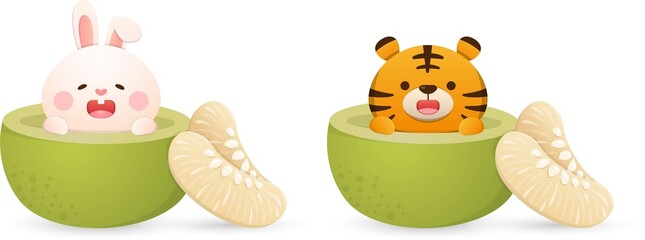 Rabbit and tiger mascot characters and mid-autumn festival fruit: pomelo, cute and playful cute, vector cartoon style