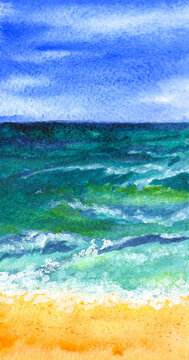 Seascape. Watercolor Drawing Of The Sea Shore. Turquoise Waves, Yellow Sand And Blue Sky - Summer Mood.