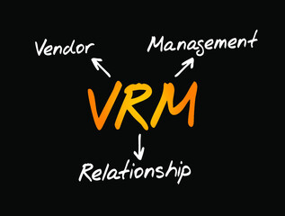 VRM Vendor Relationship Management - business activity made possible by software tools that aim to provide customers independence from vendors and for engaging with vendors, acronym text concept