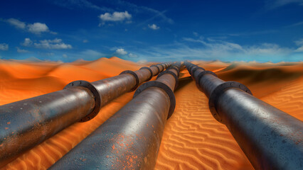 Desert oil pipeline. Rusty metal lines. Interrupted gas supply. European energy crisis. 3D rendering