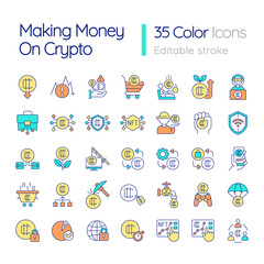 Making money on crypto RGB color icons set. Trading on cryptocurrency stock market. Isolated vector illustrations. Simple filled line drawings collection. Editable stroke. Quicksand-Light font used