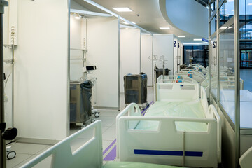 Several empty hospital beds in the hospital. The hospital is preparing for an influx of patients....