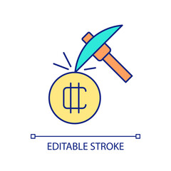 Crypto mining RGB color icon. Digital coin and pickaxe. Blockchain technology and industry. Isolated vector illustration. Simple filled line drawing. Editable stroke. Arial font used