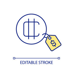 Checking digital token price RGB color icon. Cryptocurrency buying. Golden coin with tag. Blockchain. Isolated vector illustration. Simple filled line drawing. Editable stroke. Arial font used