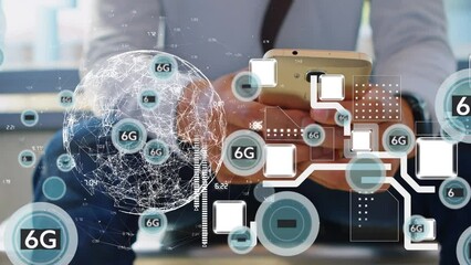 Animation of falling 6g icons over men using smartphone - Powered by Adobe