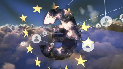 Animation of connections, globe and eu flag over clouds - Powered by Adobe