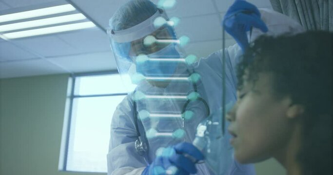 Animation of dna strand spinning over doctor and african american patient using oxygen mask