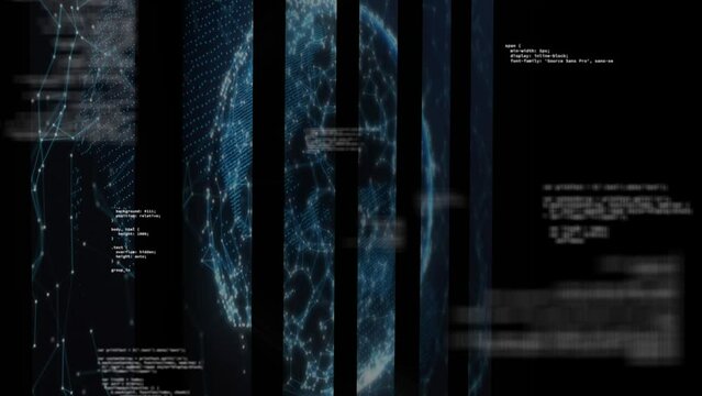 Animation of data processing and globe on black background