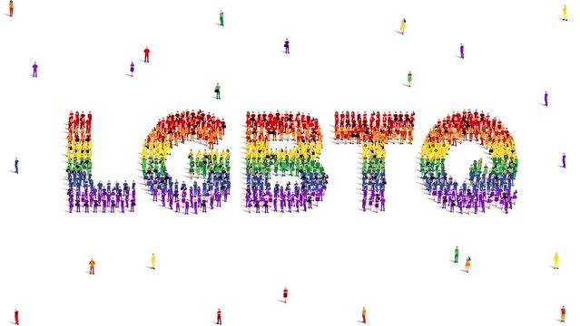 Happy Pride Month. A large group of people form to create the word Lgbtq in Pride flag color. 4k Animation Video