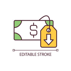 Decreasing currency value RGB color icon. Worthless money and inflation. Economic issue. Financial crisis. Isolated vector illustration. Simple filled line drawing. Editable stroke. Arial font used