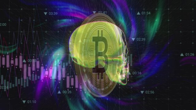 Animation of skull and bitcoin over data processing on black background