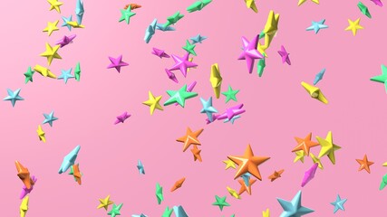 Colorful star objects on pink background.
3DCG confetti illustration for background.